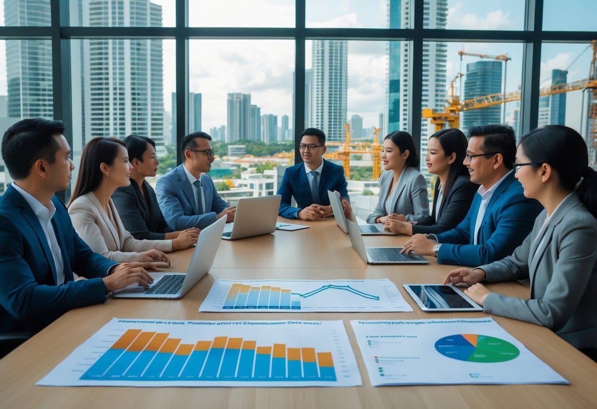 A group of business professionals meeting around a table with laptops and charts, overlooking a city with high-rise buildings and construction.