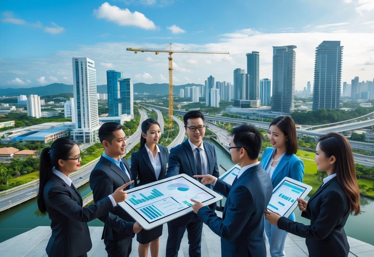 A city skyline with modern buildings and construction cranes, with business professionals reviewing plans in the foreground.