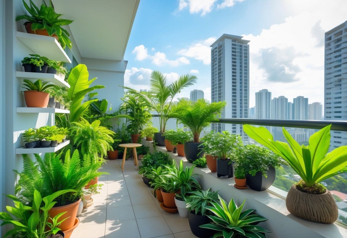 A condo balcony in Cebu city with various green plants and a view of the city skyline in the background.