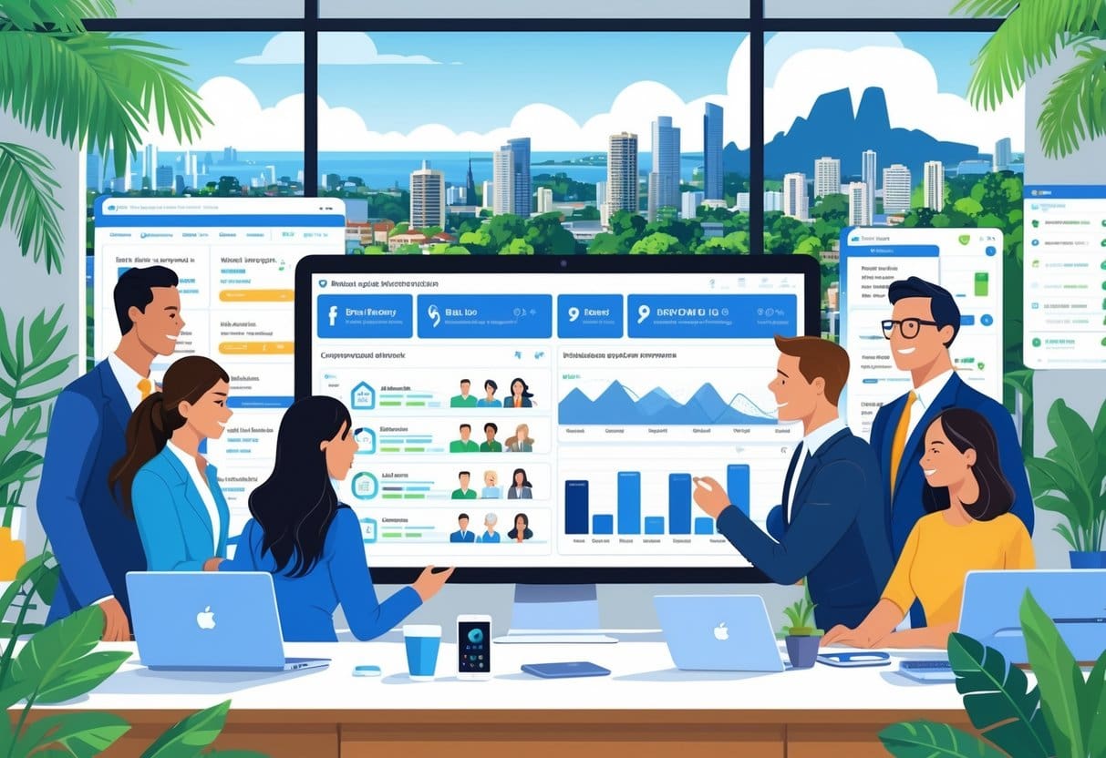 A team of professionals working together in an office with a digital dashboard showing property and client data, with a city skyline visible through the window.