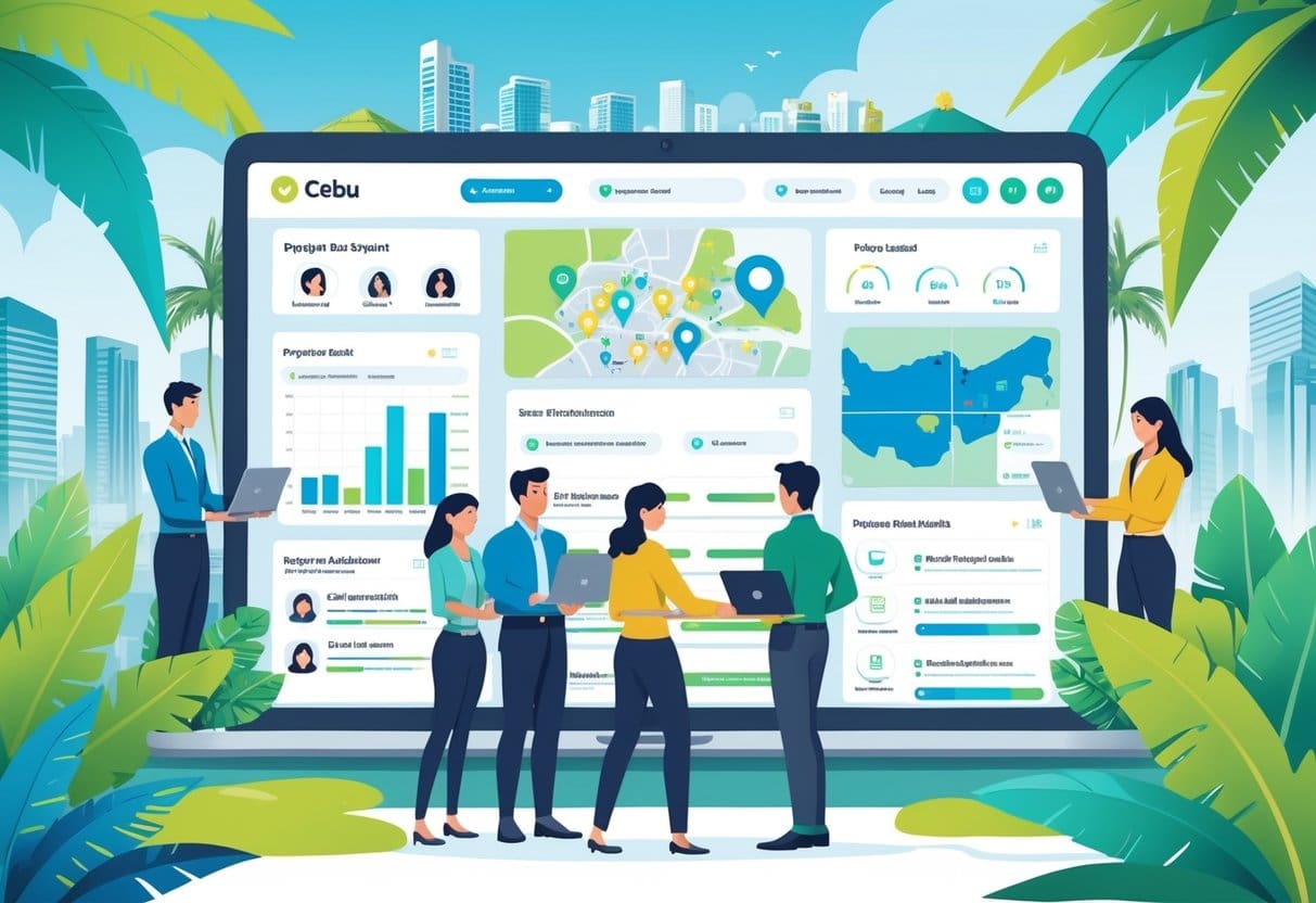 A group of real estate agents working together around a large digital dashboard showing property leads and maps of Cebu, with a cityscape and palm trees in the background.