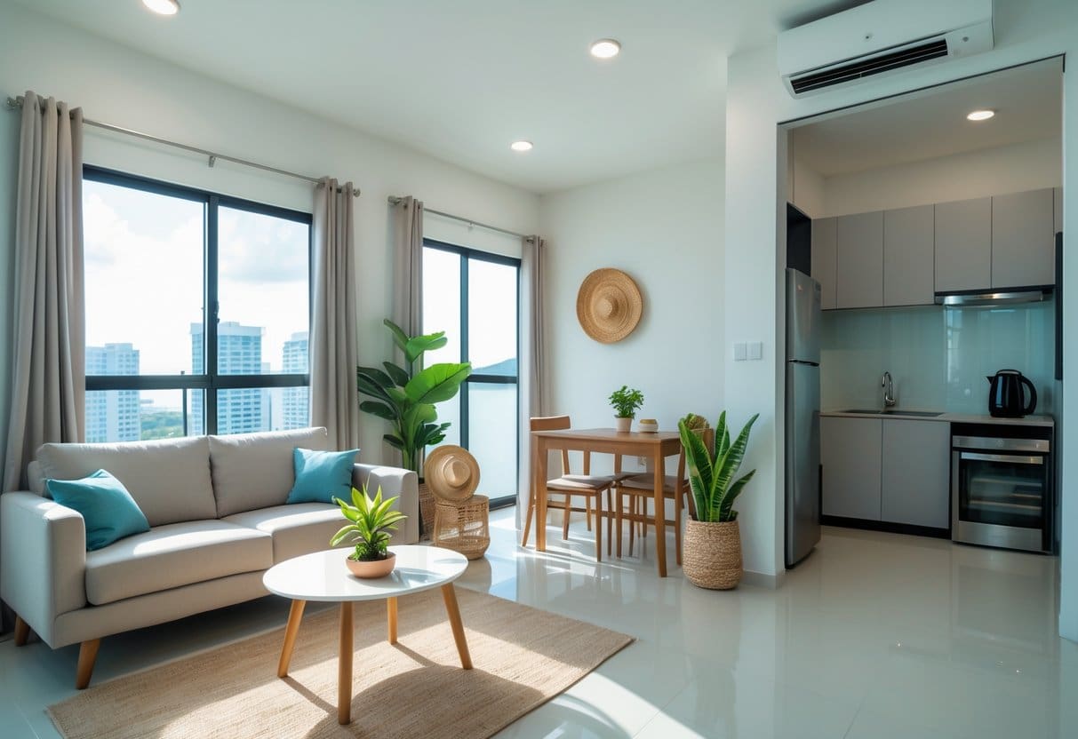 A modern, well-lit apartment interior with a sofa, coffee table, and kitchen area, showing a comfortable living space with natural sunlight.