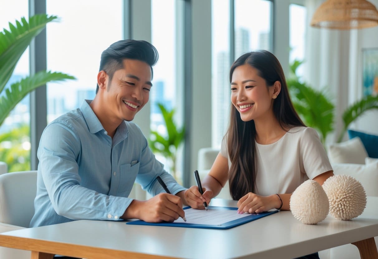 A person happily signing a rental agreement in a bright apartment with a view of Cebu city and tropical plants outside.