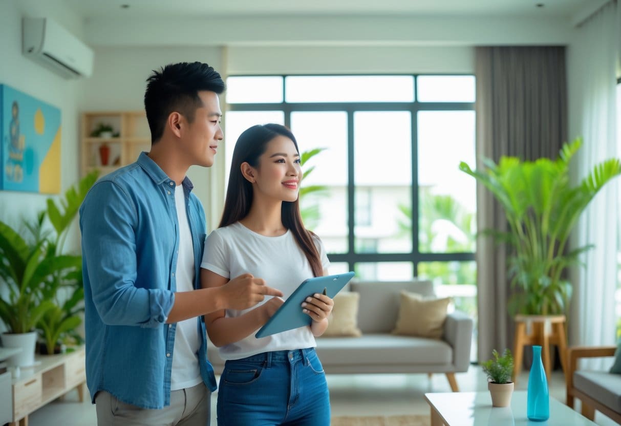 A young couple inspecting a bright, modern apartment interior with tropical plants and Filipino decor, considering their rental options.