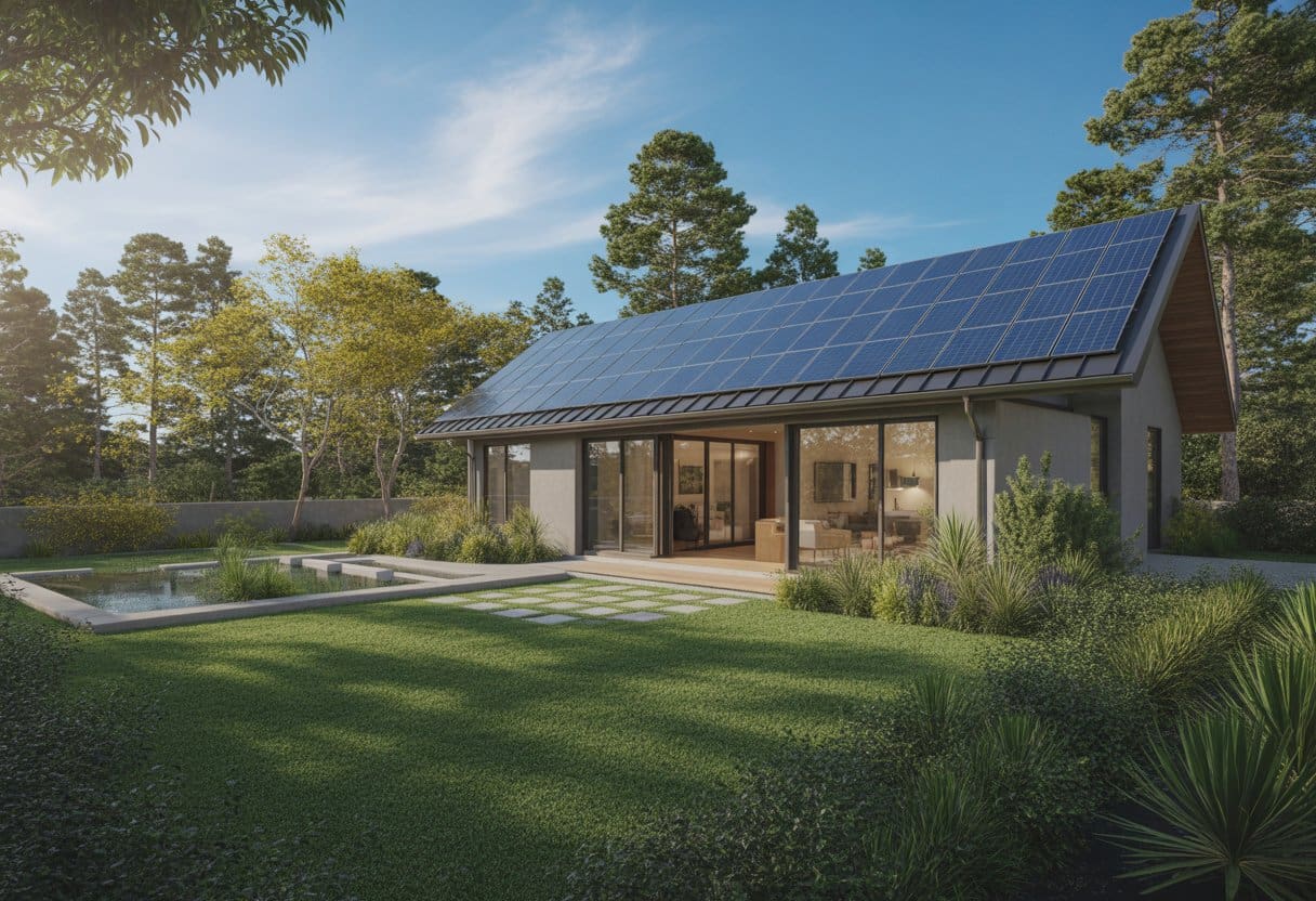 A modern house with solar panels, large windows, and a garden with native plants on a sunny day.