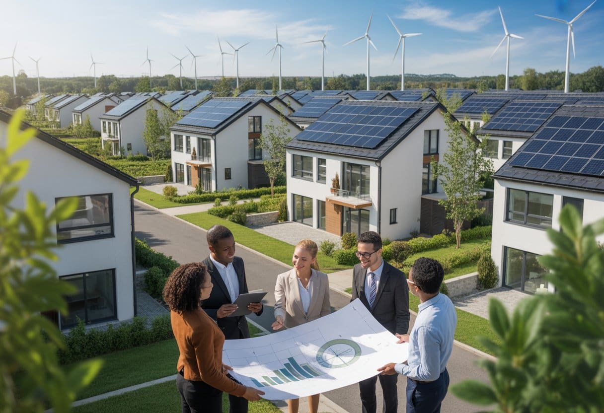 A group of professionals discussing sustainable housing plans in front of modern eco-friendly homes with solar panels and green landscaping.