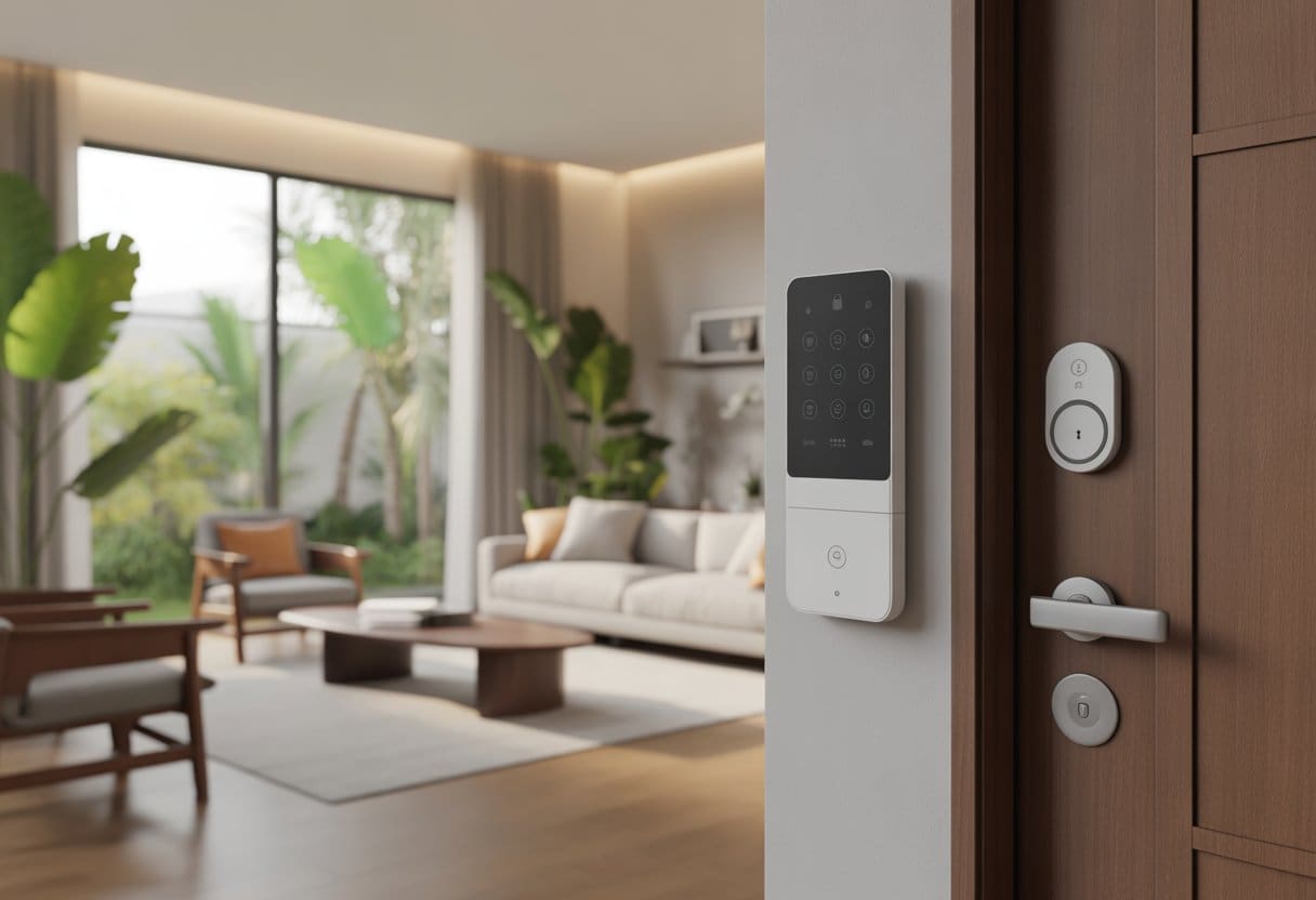 Interior of a modern Cebu home showing smart security devices like a control panel, smart locks, and cameras integrated into a bright living space.