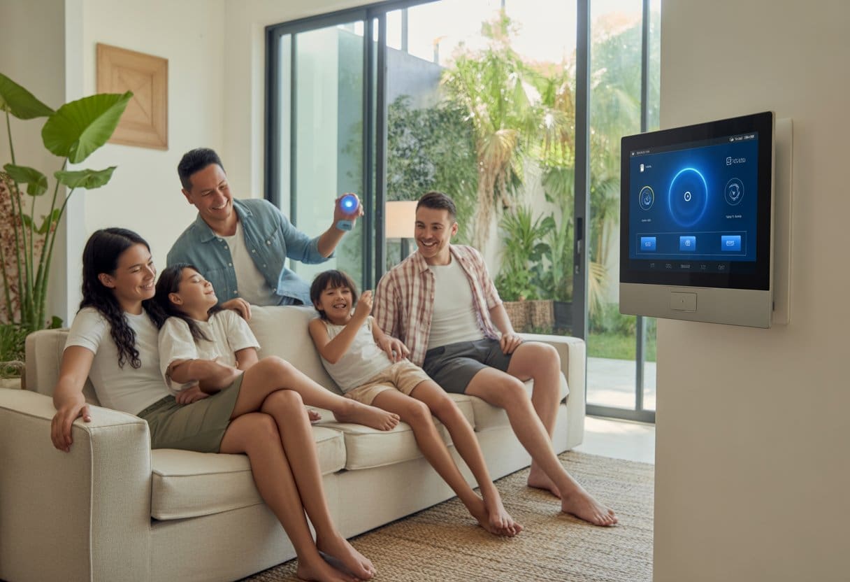 A family enjoying a bright living room with smart home devices and natural light from large windows.
