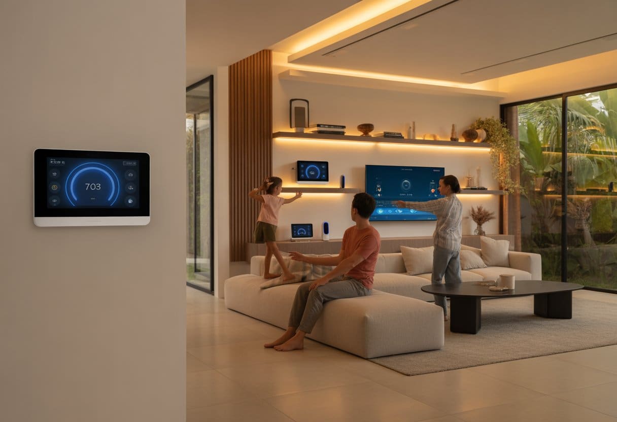 A family in a modern living room using smart home devices with large windows showing a tropical garden outside.