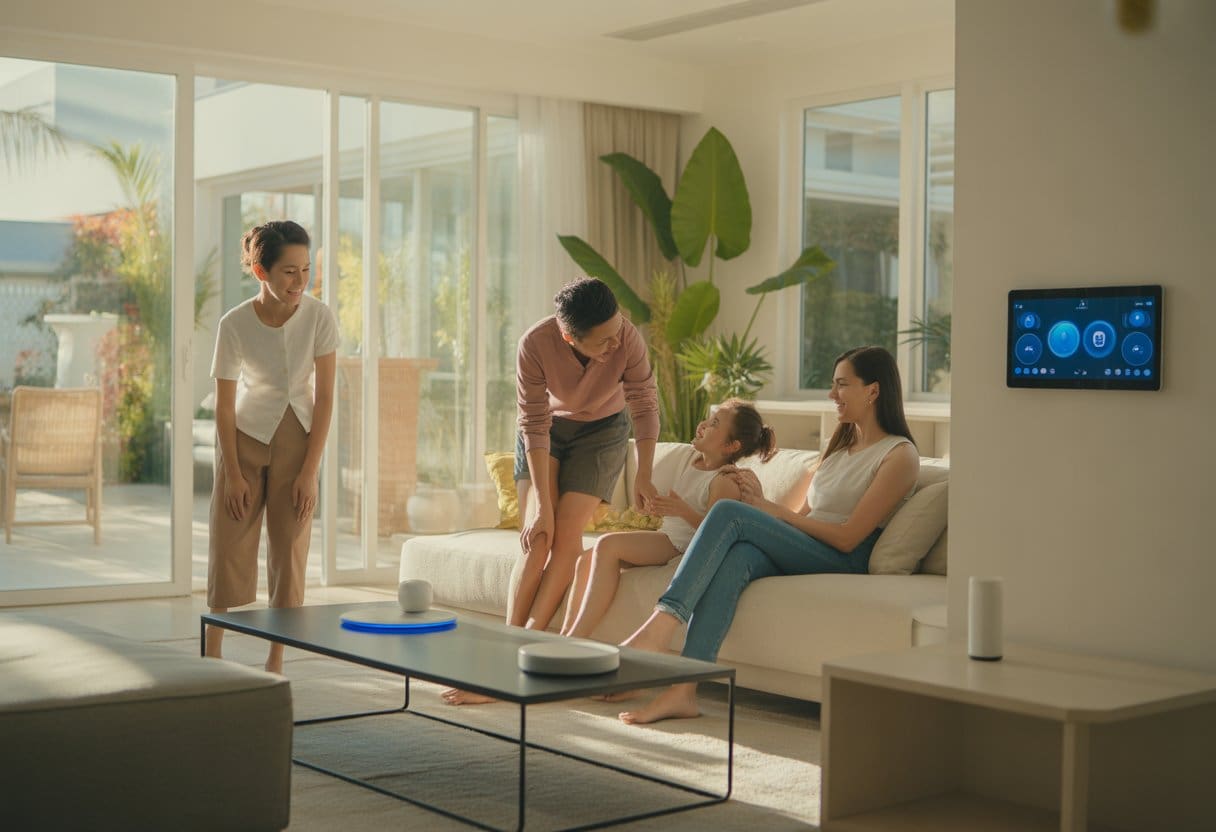 A family in a modern living room using smart home devices surrounded by natural light and tropical plants.