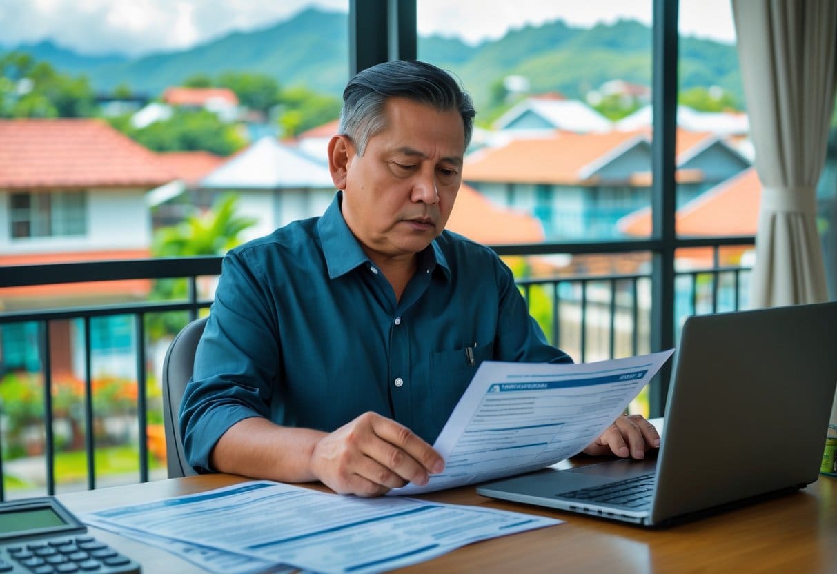 A Filipino person reviewing property documents and tax forms at a desk with houses and community buildings in the background.