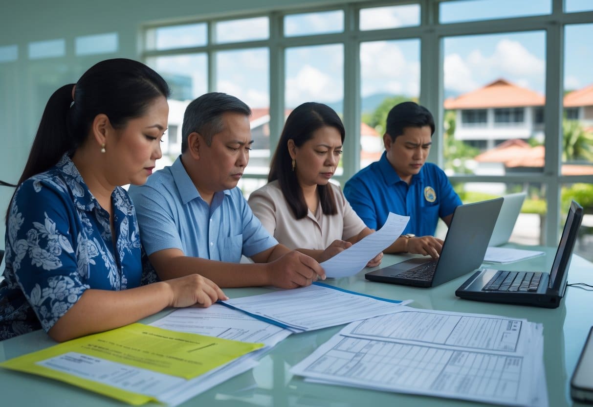 People reviewing documents and using a laptop and calculator in an office with a cityscape visible through the window.