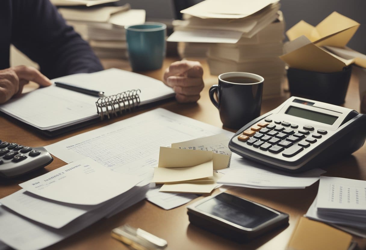 A cluttered desk with unpaid bills and a calendar showing overdue dates, a worried homeowner checking their mailbox for notices from the local government