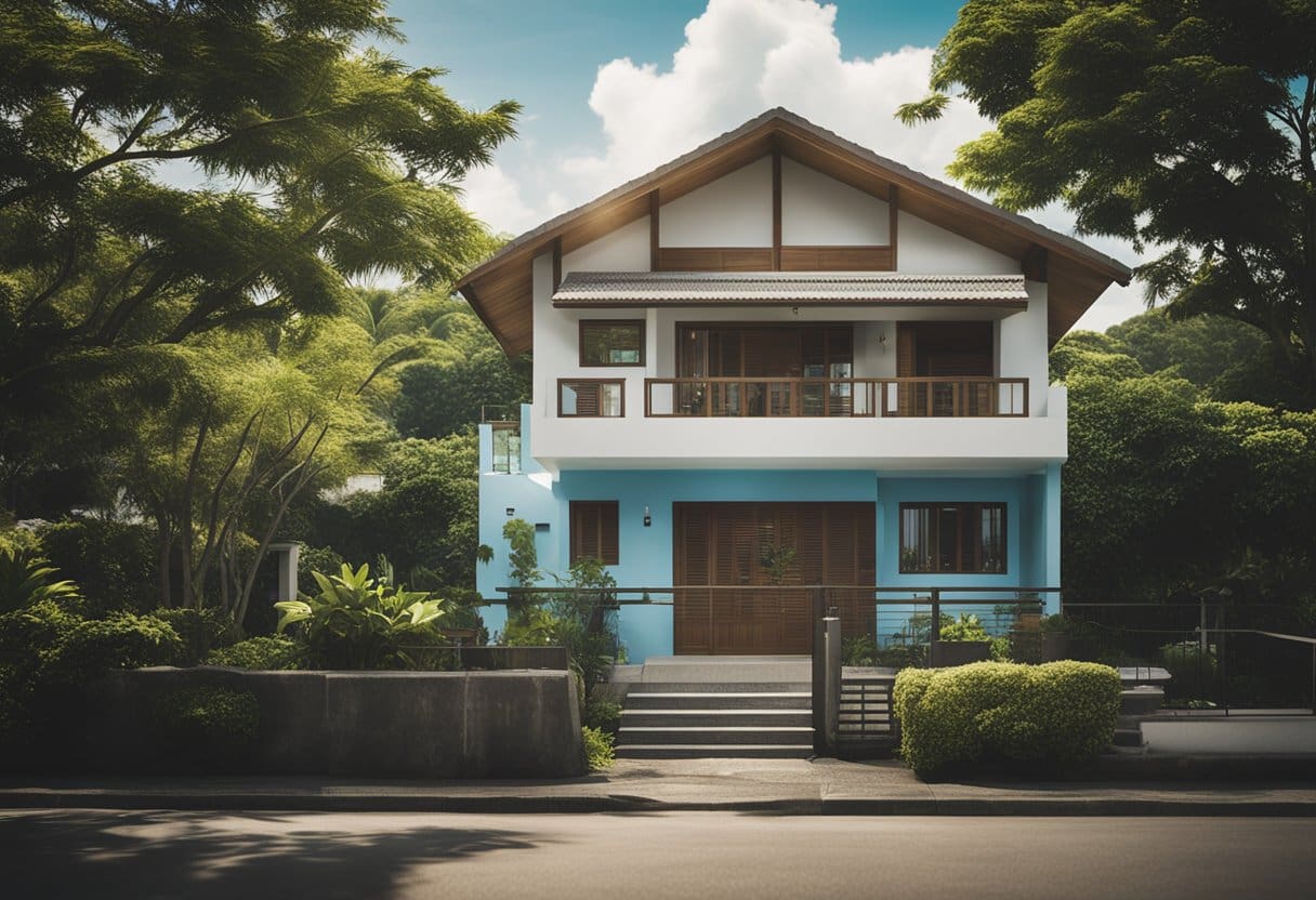 A house with a "For Sale" sign in front, surrounded by trees and a clear blue sky, representing property ownership and taxes in the Philippines