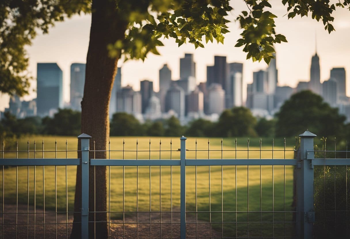 A house with a "For Sale" sign in front, surrounded by a fence and trees, with a city skyline in the background