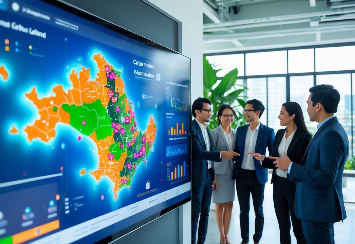 A group of professionals examining a digital map of Cebu showing real estate hotspots in a modern office.