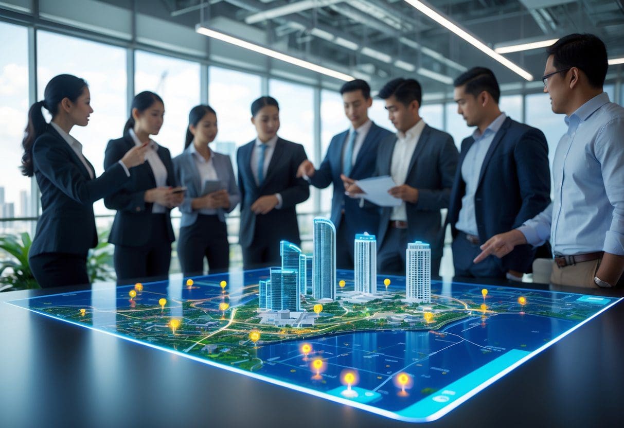 Business professionals analyzing a digital map of Cebu city showing infrastructure projects and real estate hotspots in a modern office.