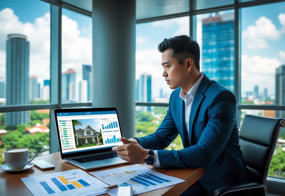 A young investor reviewing real estate plans and market charts in an office with a view of Cebu city skyline.