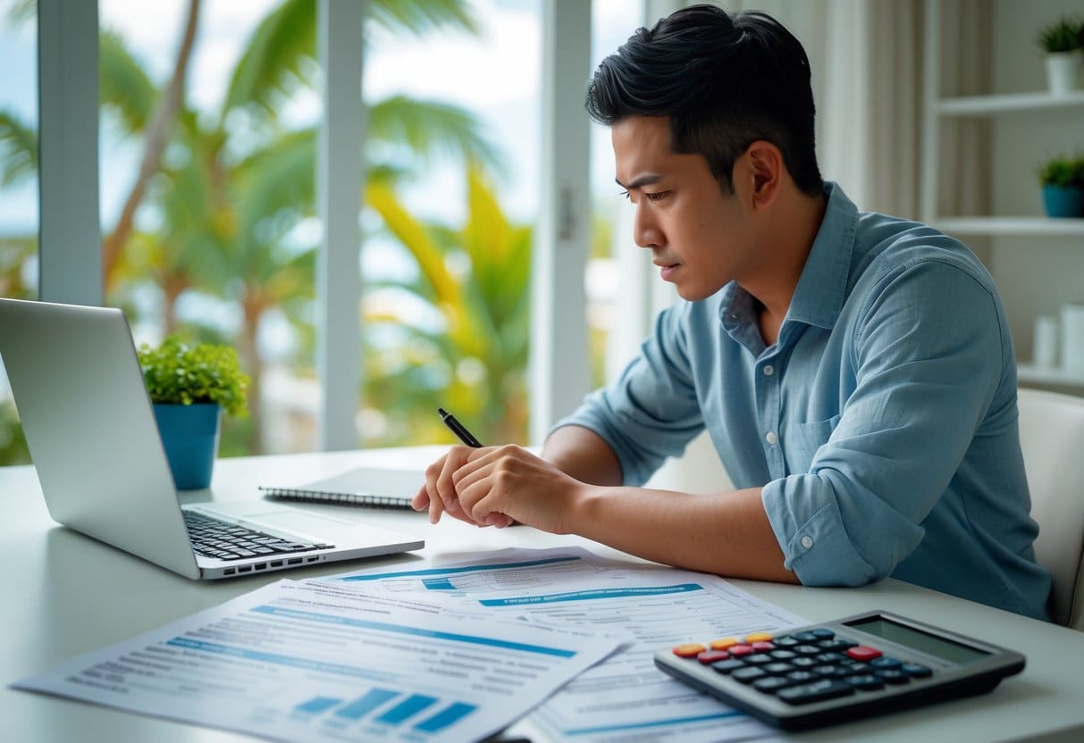 A young adult reviewing rental documents and budgeting at a desk in a bright room with tropical plants outside the window.