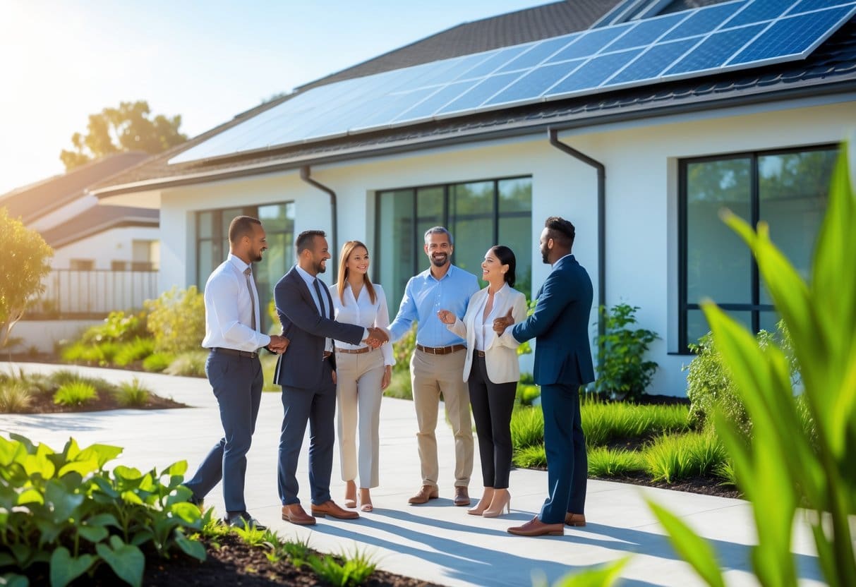 A modern property with solar panels and green landscaping, with people talking and shaking hands in front.