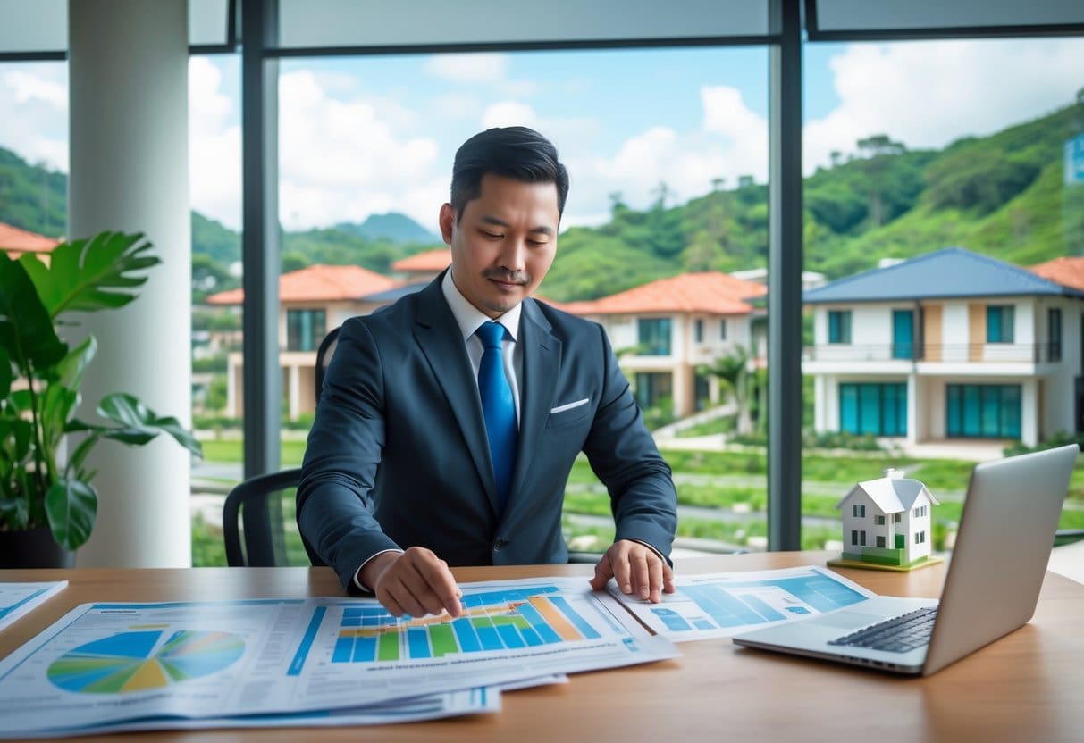 A person reviewing property investment documents in an office with a view of affordable housing and residential buildings in a city.