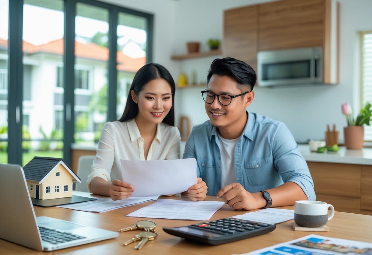 A young couple reviewing real estate documents at a kitchen table with a laptop, calculator, and a small model house nearby.