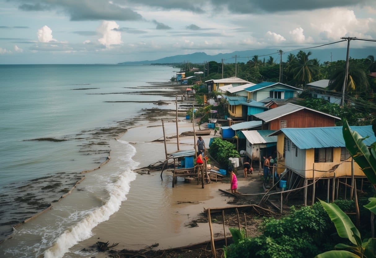 Coastal Filipino community with houses near the shore, people engaging in daily activities, and signs of coastal erosion.