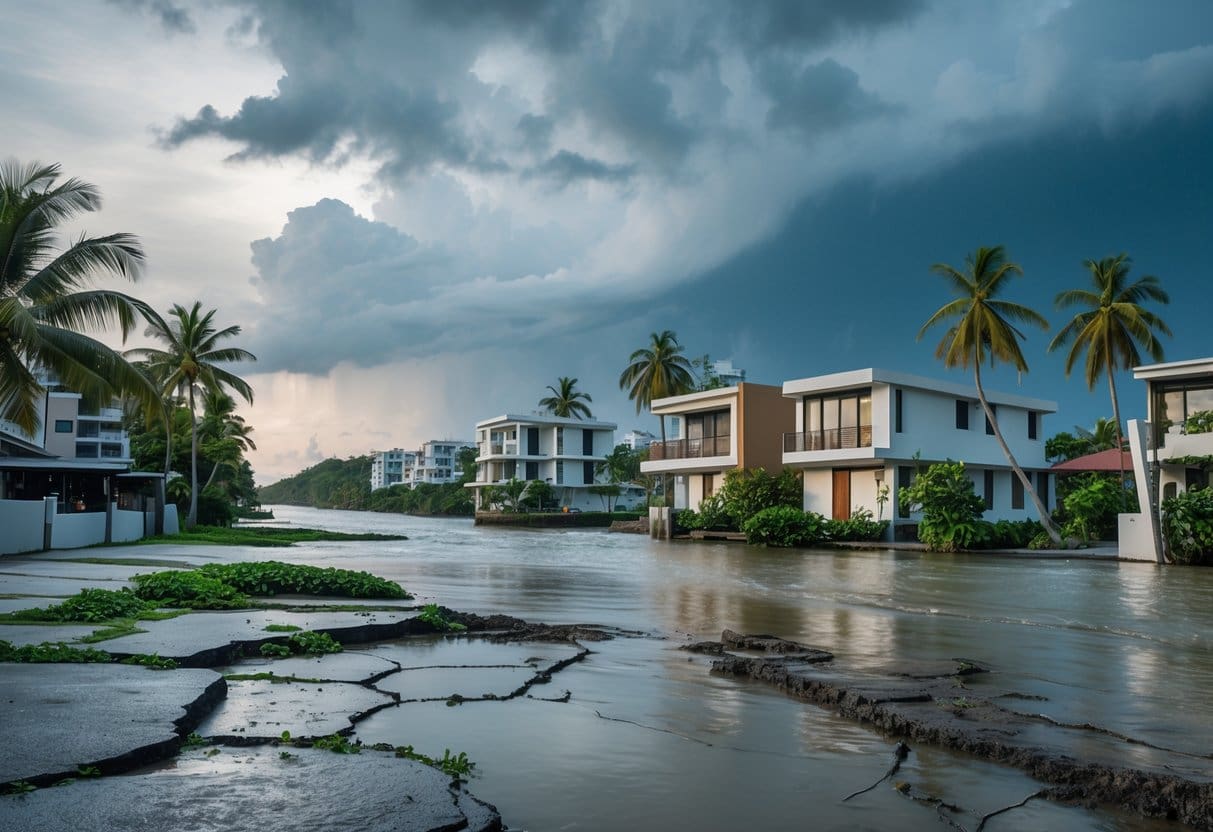 Coastal residential buildings in the Philippines near a tropical shoreline showing signs of flooding and erosion with stormy clouds in the sky.