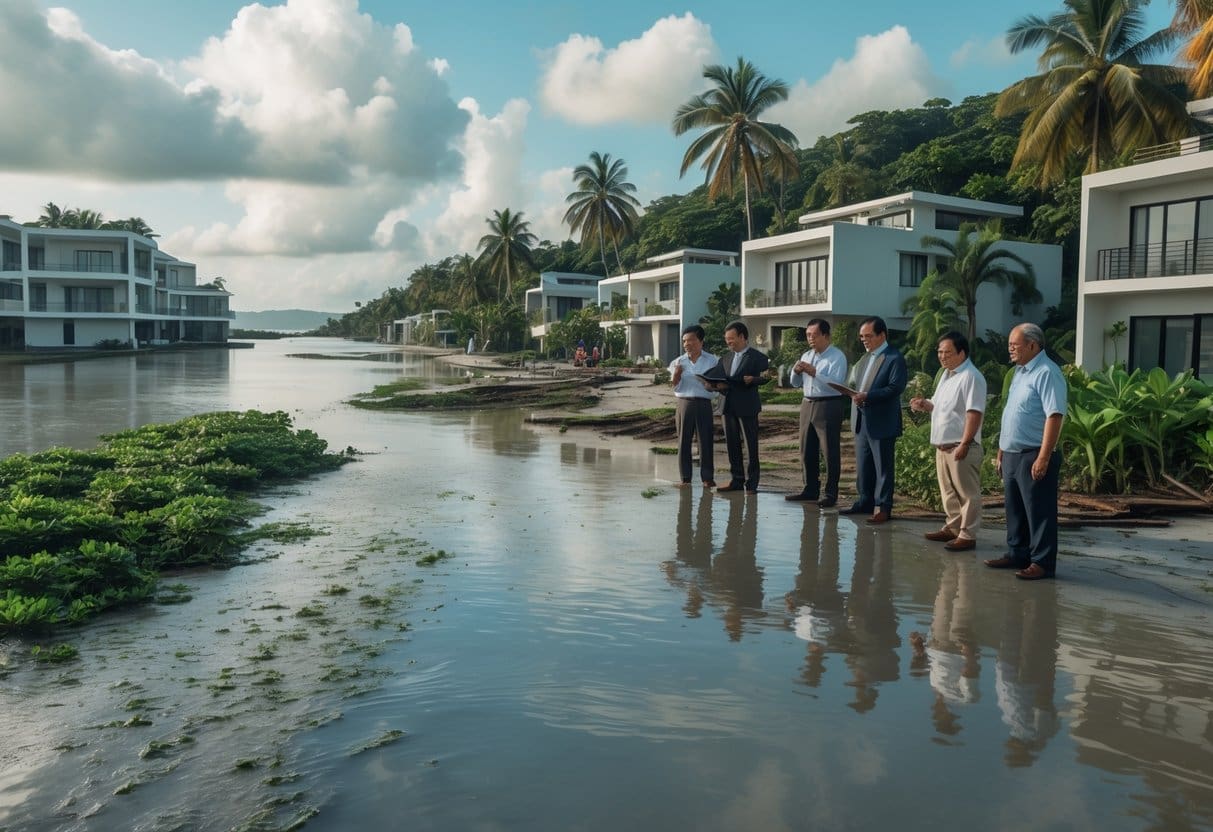 People discussing coastal real estate near the shoreline with buildings affected by rising water levels and tropical vegetation in the background.
