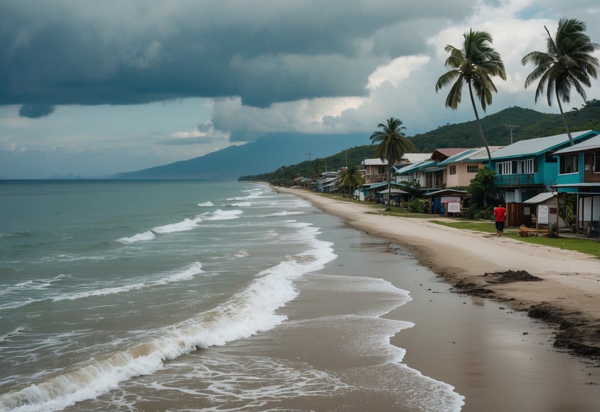 Coastal town in the Philippines with houses near the beach, waves washing the shore, palm trees, and people looking at the coastline under a partly cloudy sky.