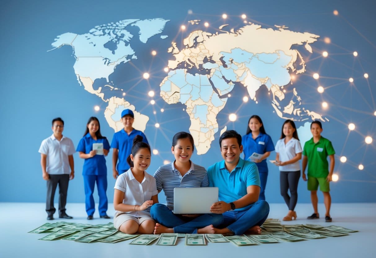 Filipino workers abroad and a family in the Philippines receiving money digitally, symbolizing remittances supporting the economy.