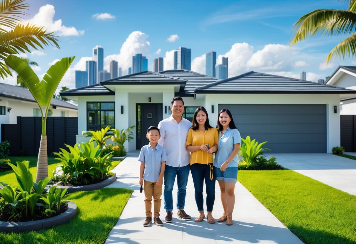 A Filipino family standing happily in front of their new house in a suburban neighborhood with a city skyline in the background.