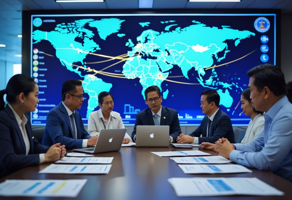 A group of Filipino professionals and officials discussing financial charts and data in a modern office with a world map showing connections to the Philippines.