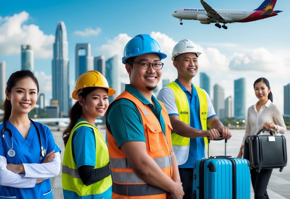 A group of Overseas Filipino Workers in different work settings including a nurse, construction worker, and traveler at an airport with a city skyline and airplane in the background.