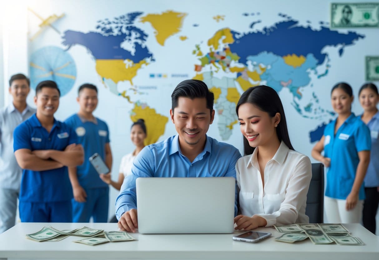Filipino workers in various overseas jobs using technology to send money home, with a globe and financial symbols in the background.