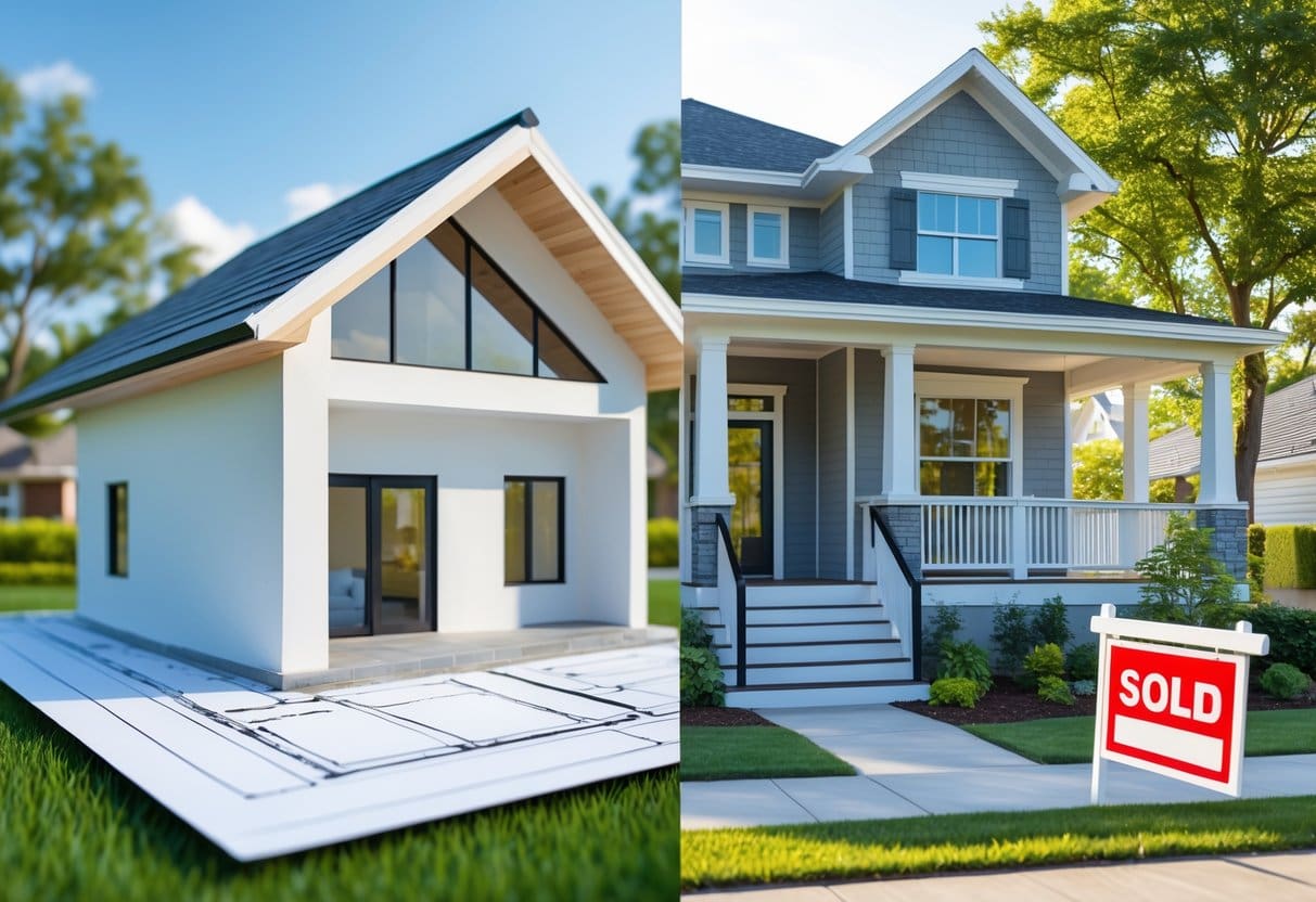 Split image showing a house blueprint on one side and a finished, furnished house with a sold sign on the other side.