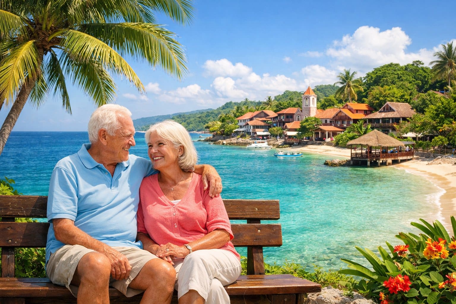 An elderly couple enjoying a sunny day near a tropical beach with clear water, palm trees, and a coastal town in the background.