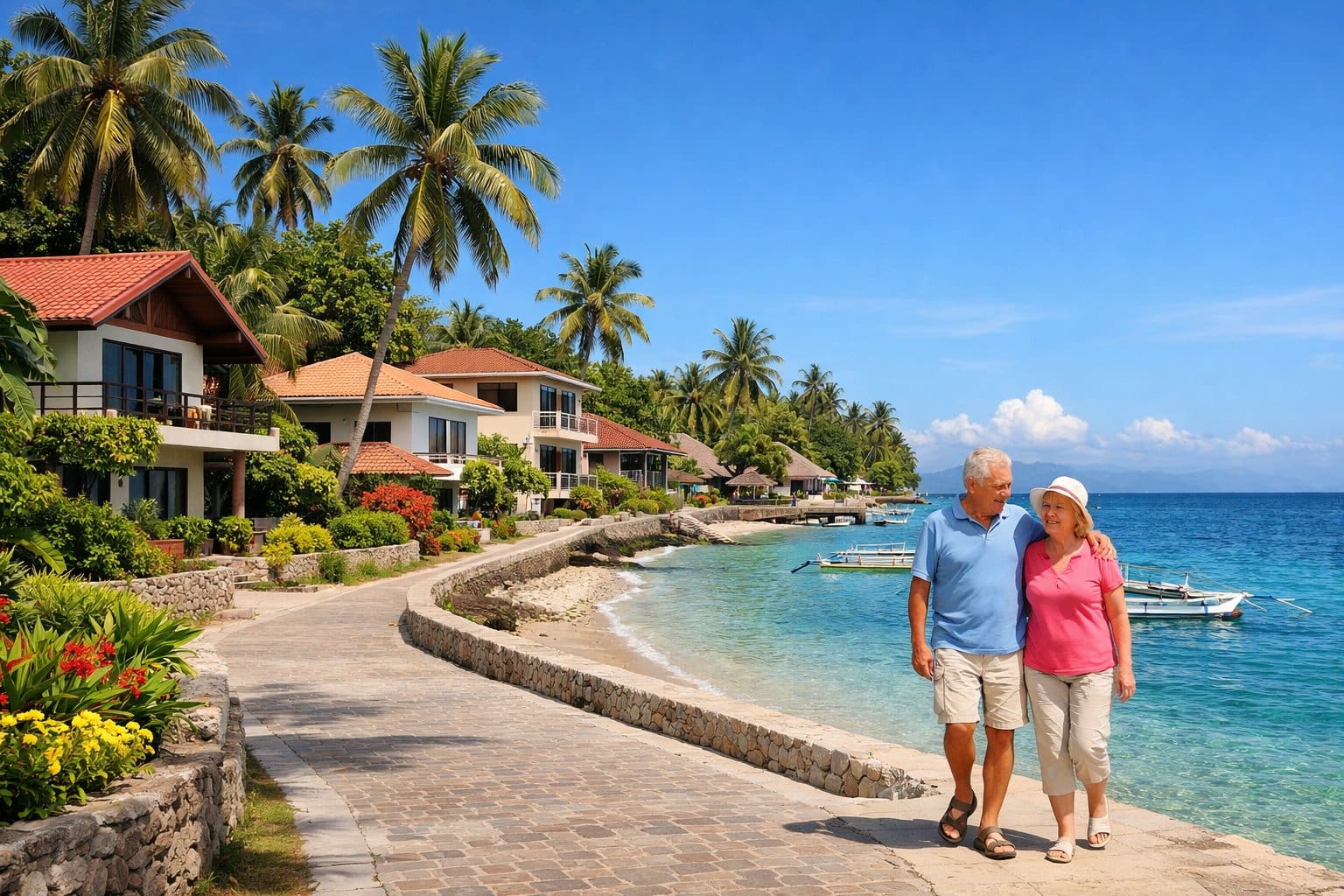 A peaceful coastal neighborhood in Cebu with houses, palm trees, ocean, and an elderly couple walking along the beach.