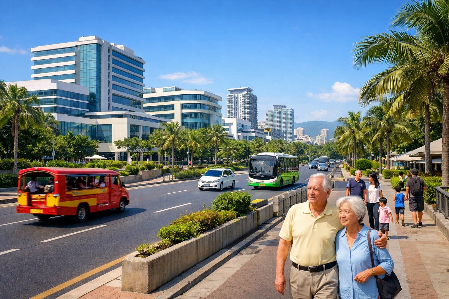 A bright city street in Cebu with modern healthcare buildings, public transportation, greenery, and people walking outdoors.