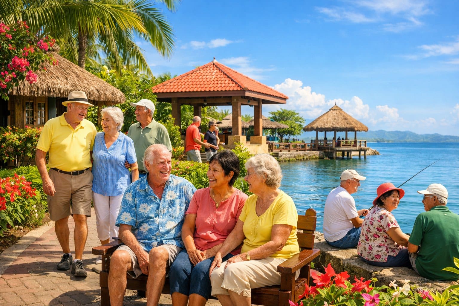 A group of elderly people enjoying outdoor leisure activities in a tropical community with greenery and traditional buildings.