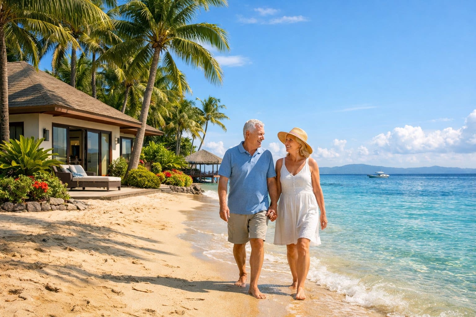 A mature couple walking along a sandy beach near a modern home with palm trees and clear blue water in the background.