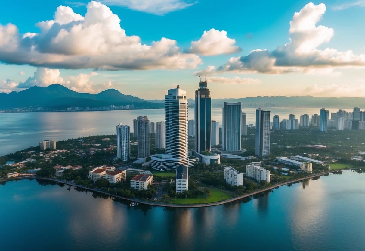 Aerial view of Cebu and Manila cityscapes with skyscrapers and residential buildings, surrounded by mountains and bodies of water