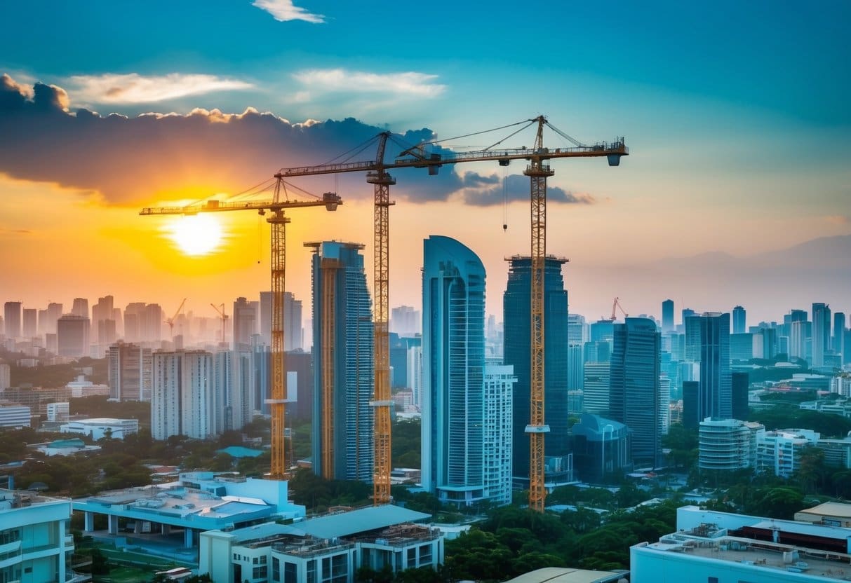 A bustling city skyline with construction cranes and a rising sun, showcasing the growth and potential for property investment in Cebu