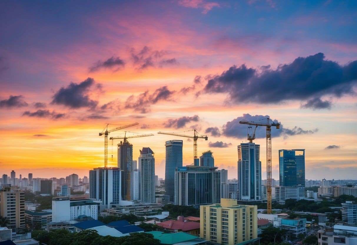 A bustling Cebu cityscape with towering buildings and construction cranes against a vibrant sunset sky