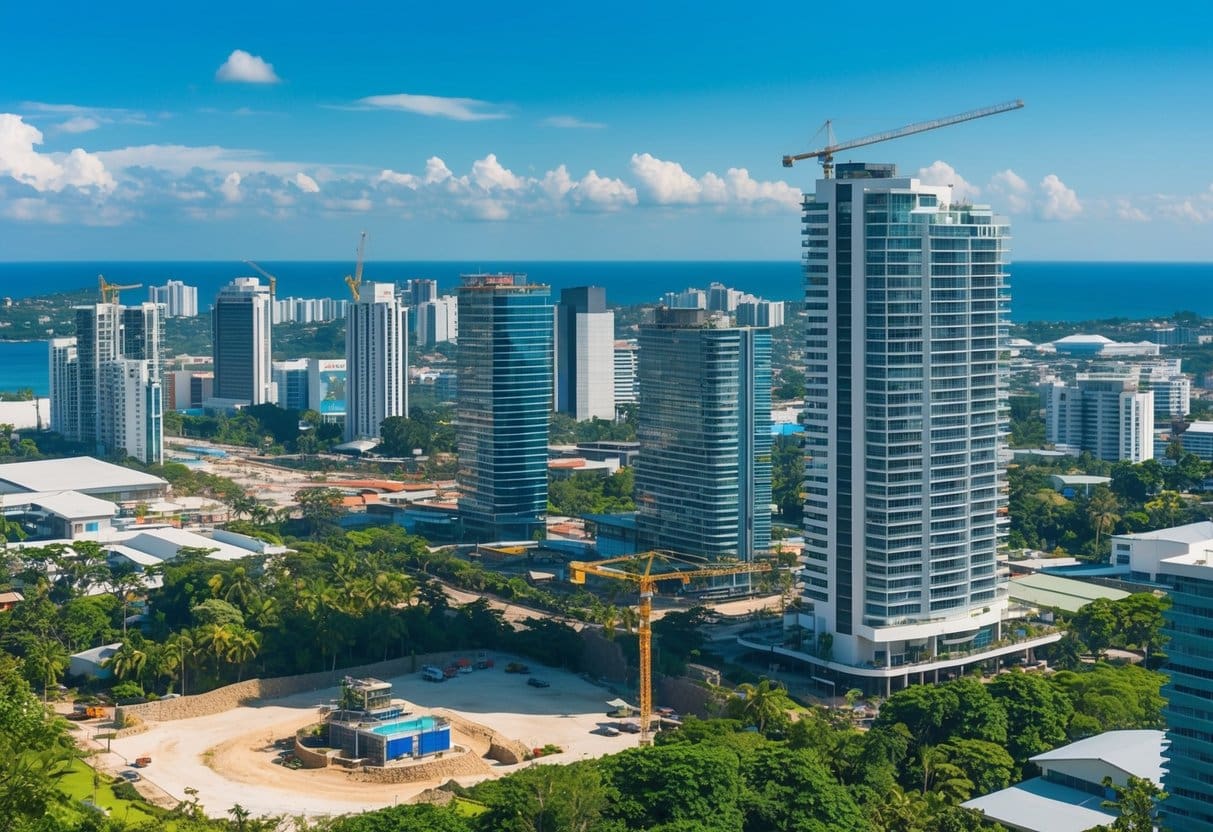 A bustling cityscape of Cebu with modern high-rise buildings and construction sites, surrounded by lush greenery and clear blue skies