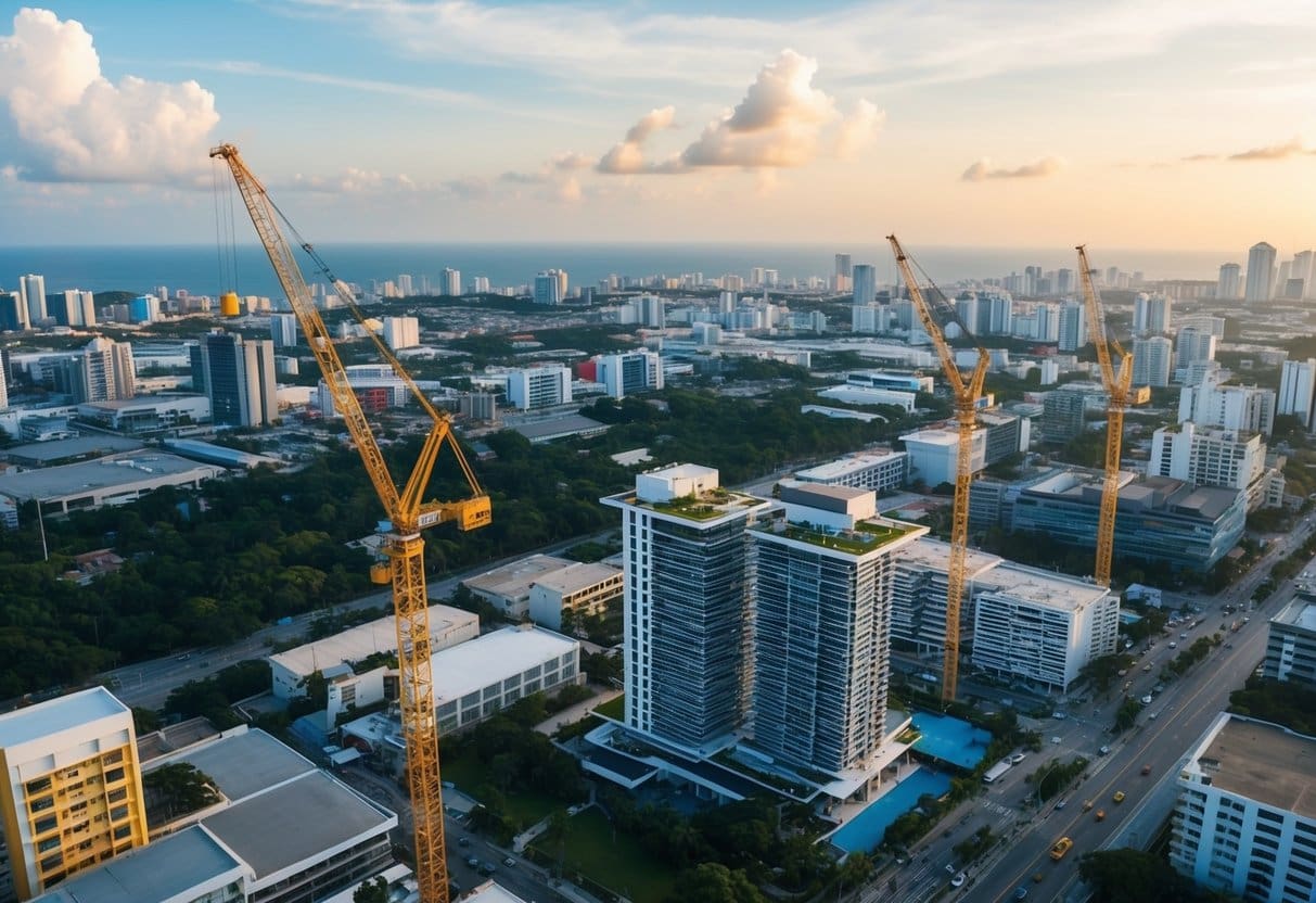 Aerial view of Cebu's rapidly developing cityscape, with construction cranes, modern buildings, and bustling streets indicating high-growth real estate investment areas