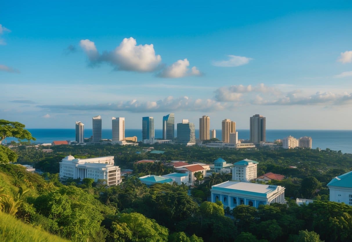 A scenic view of Cebu's skyline with a mix of modern buildings and traditional architecture, surrounded by lush greenery and a clear blue sky