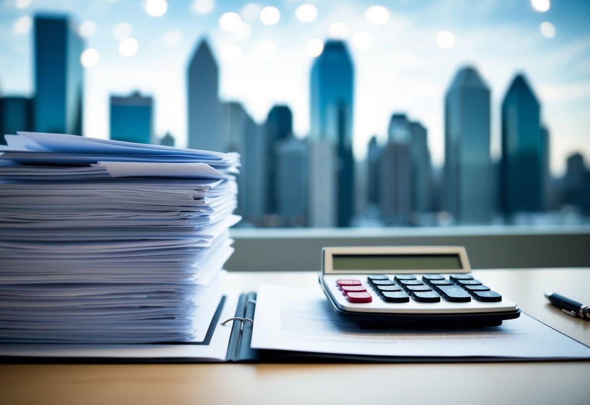 A stack of legal documents and a calculator on a desk, with a city skyline in the background