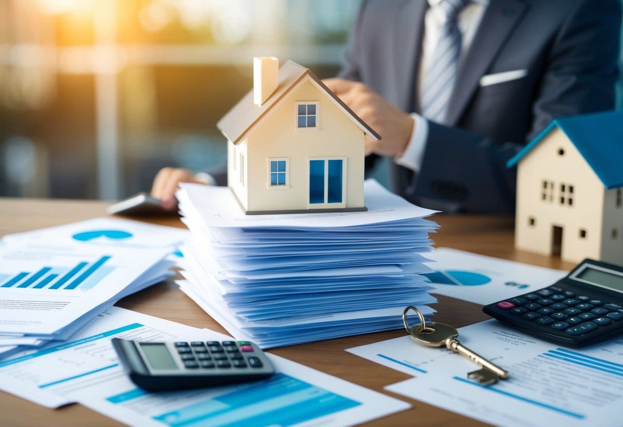 A stack of property documents surrounded by calculators, charts, and paperwork, with a key and house model in the background