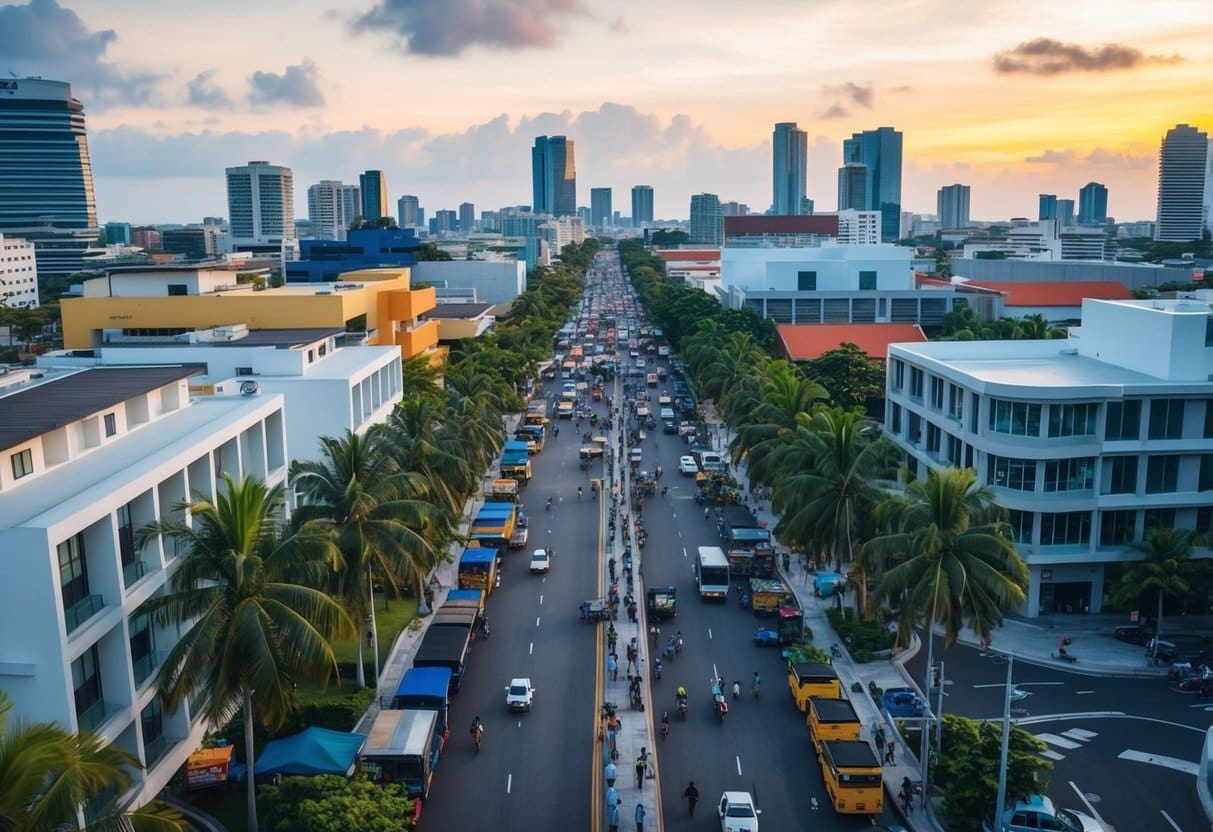 A vibrant cityscape of Cebu with modern buildings, palm trees, and a bustling street scene with people and vehicles